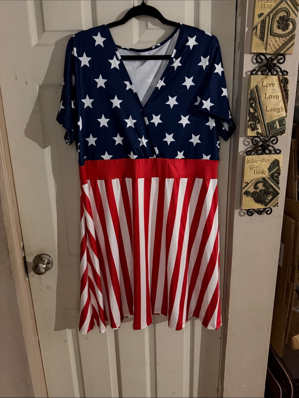 Women's V‑Neck Midi Dress in Navy, Red & White Stars & Stripes